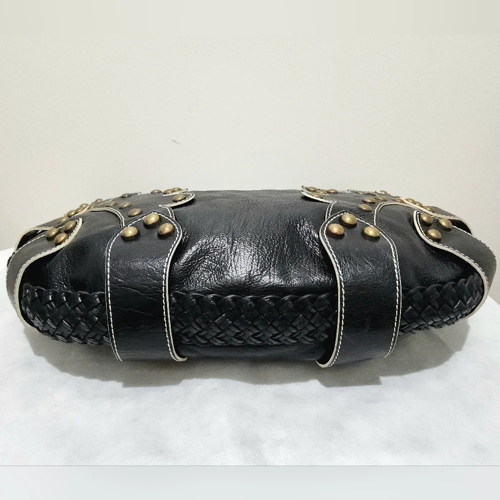 Isabella Fiore Black Leather Studded Braided Hobo Shoulder Bag Boho Western Chic - Picture 7 of 15